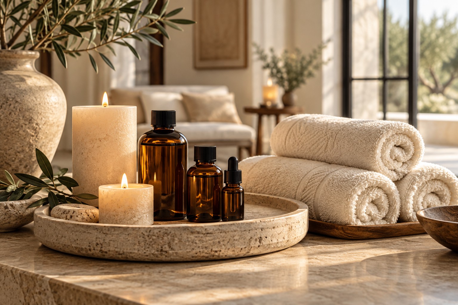 Glowing candles, fresh towels and massage oils