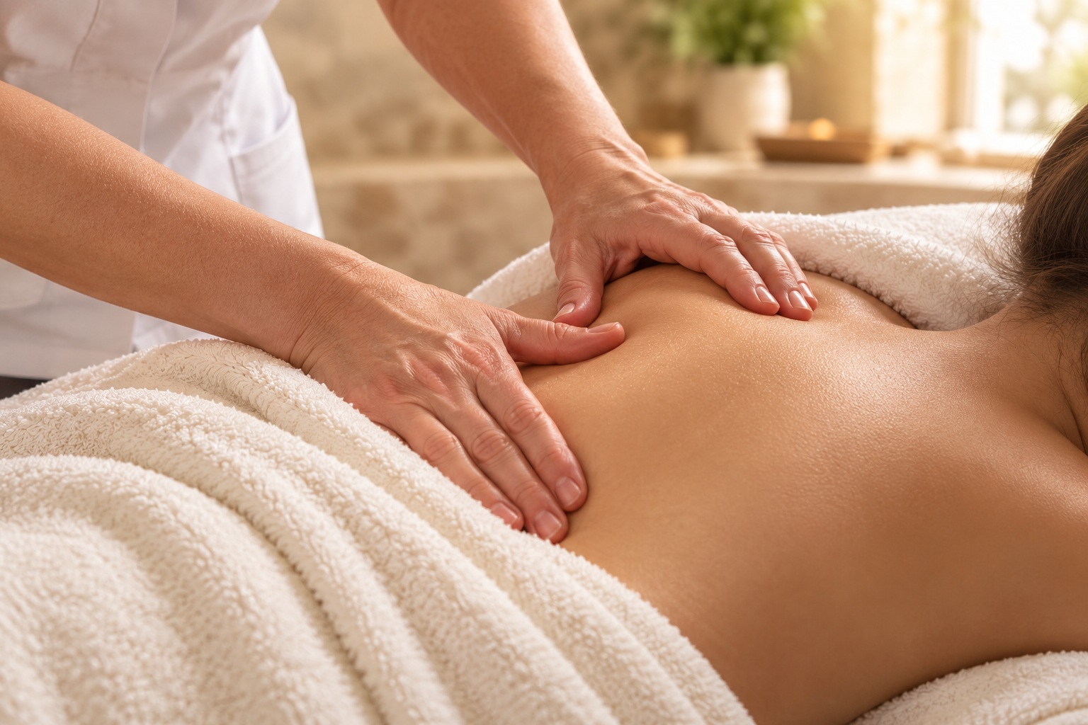 Professional upper-back massage with ivory towels in a calm home setting