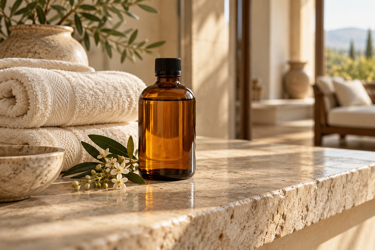 Massage oil and soft folded towels